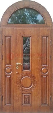 Двустворчатая железная дверь МДФ со стеклом в форме арки ДА-52 в Дзержинском