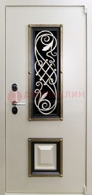Белая стальная дверь с ковкой со стеклопакетом и МДФ ДК-30 в Дзержинском