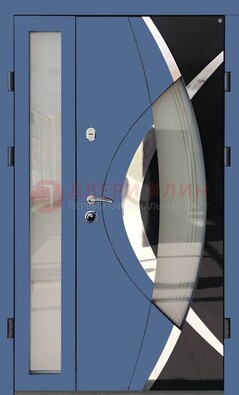 Синяя металлическая дверь со стеклом и узором ДС-13 в Дзержинском