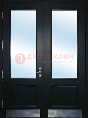 Черная двухстворчатая металлическая дверь со стеклом ДС-25 в Дзержинском