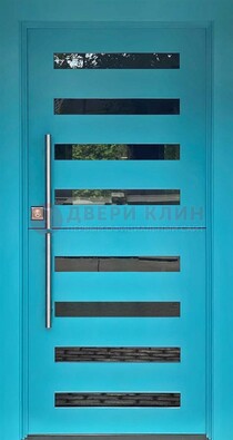 Голубая уличная дверь с МДФ панелью и стеклом ДС-51 в Дзержинском