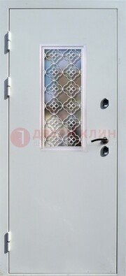 Серая металлическая дверь со стеклом и ковкой ДС-75 в Дзержинском