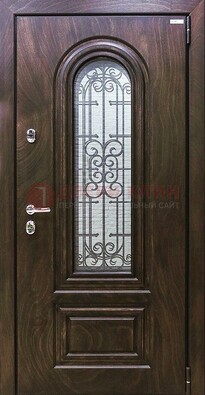 Темная филенчатая железная дверь со стеклом и ковкой ДСК-102 в Дзержинском