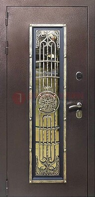 Железная дверь цвета медный антик со стеклом и ковкой ДСК-105 в Дзержинском