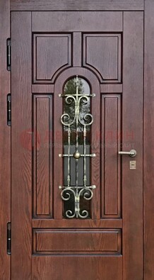 Cтальная дверь со стеклом и ковкой в коричневом цвете ДСК-119 в Дзержинском