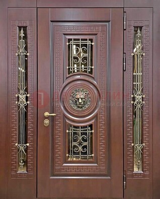 Коричневая стальная дверь со стеклом и ковкой ДСК-147 с фрамугами в Дзержинском