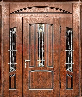 Стальная дверь со стеклом и ковкой с фрамугами ДСК-149 коричневая в Дзержинском