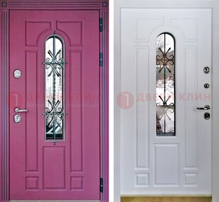 Розовая металлическая дверь со стеклом и ковкой ДСК-151 в Дзержинском