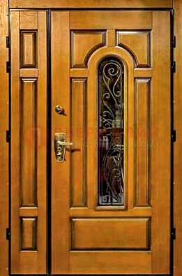 Распашная металлическая дверь со стеклом и ковкой для дома ДСК-152 в Дзержинском