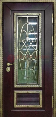 Темная уличная дверь порошок со стеклом и ковкой ДСК-167 в Дзержинском