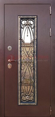 Коричневая стальная дверь порошок со стеклом и ковкой для дома ДСК-169 в Дзержинском