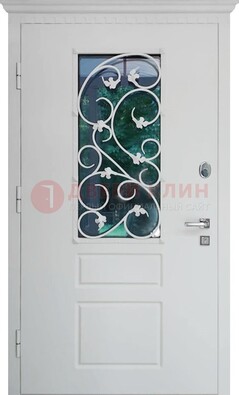 Белая металлическая дверь винорит со стеклом и ковкой ДСК-184 в Дзержинском