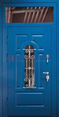 Синяя железная филенчатая дверь со стеклом и ковкой ДСК-97 в Дзержинском