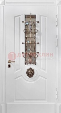 Белая металлическая дверь с виноритом и стеклом с ковкой ДВТ-165 в Дзержинском