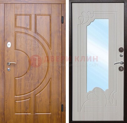 Коричневая металлическая дверь c МДФ с узором и зеркалом ДЗ-105 в Дзержинском