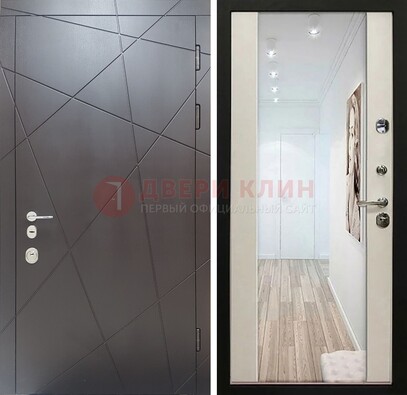 Железная коричневая дверь со светлой МДФ внутри и зеркалом ДЗ-125 в Дзержинском