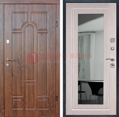 Входная коричневая дверь с МДФ Белый дуб и зеркалом ДЗ-126 в Дзержинском