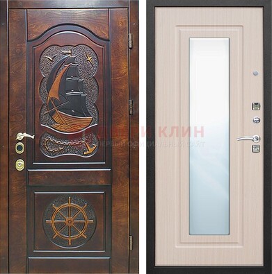 Темная дверь с резьбой и зеркалом внутри ДЗ-49 в Дзержинском