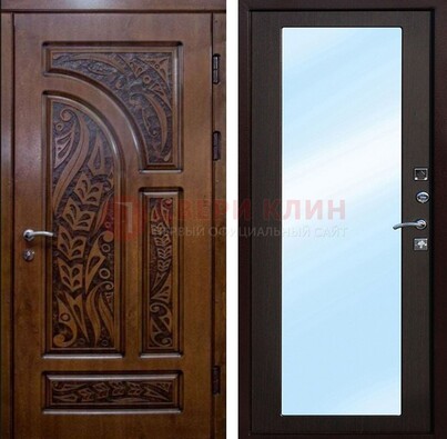Коричневая входная дверь c узором и виноритом МДФ с зеркалом ДЗ-98 в Дзержинском