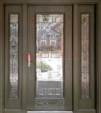 Коричневая стальная дверь с массивом дуба с витражом ВЖ-16 в Дзержинском