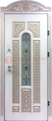 Белая железная дверь с МДФ и витражом ВЖ-26 в Дзержинском
