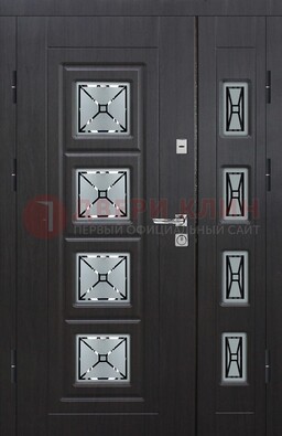 Чёрная двухстворчатая железная дверь с МДФ и витражом ВЖ-35 в Дзержинском