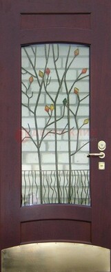 Бордовая стальная дверь с витражом и декоративным элементом ВЖ-3 в Дзержинском